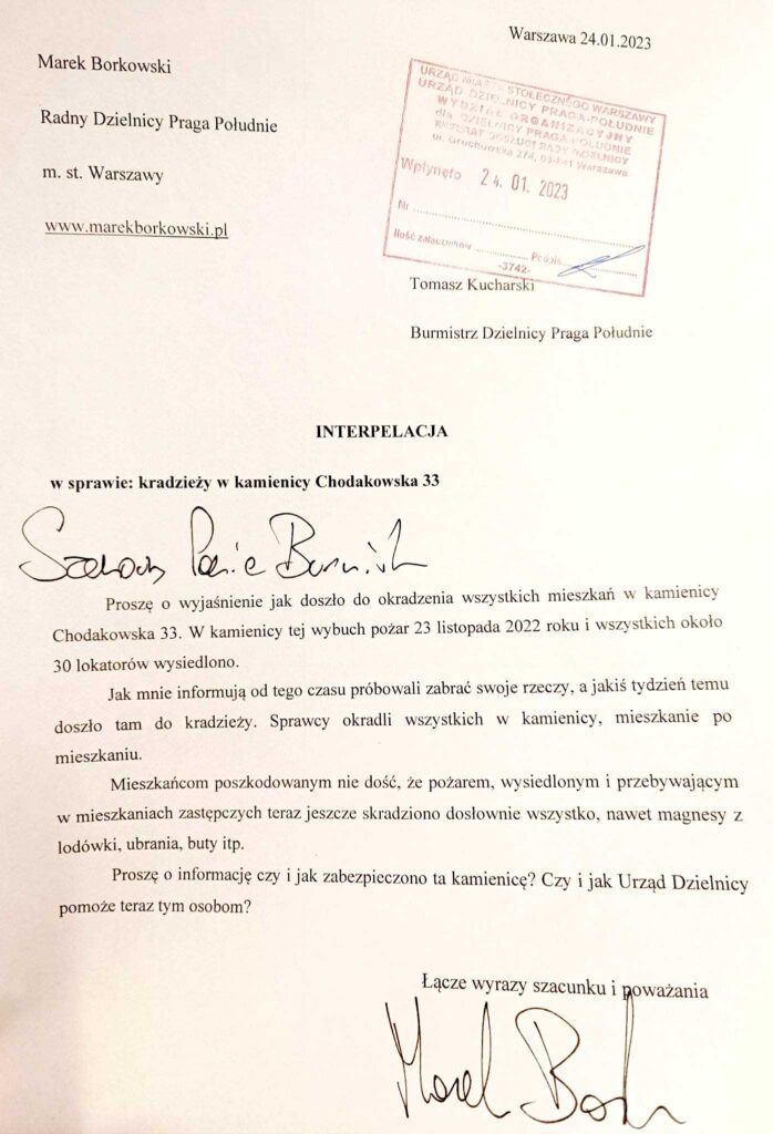 Interpelacja radnego Marka Borkowskiego w sprawie kradzieży z kamienicy na Pradze Południe 
