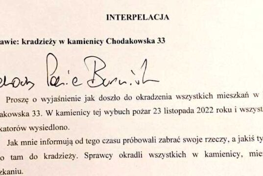 Fragment Interpelacji radnego Marka Borkowskiego w sprawie kradzieży z kamienicy na Pradze Południe