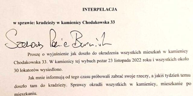 Fragment Interpelacji radnego Marka Borkowskiego w sprawie kradzieży z kamienicy na Pradze Południe